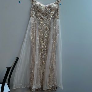 Plus Off Shoulder Contrast Mesh Sequin Formal Dress